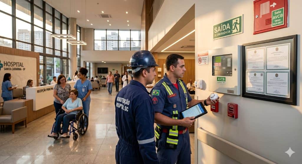 Infraestrutura de hospital com corredores e instalações clínicas