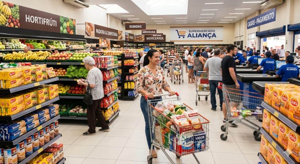 Interior de um supermercado moderno com sistemas de segurança contra incêndio em São Paulo