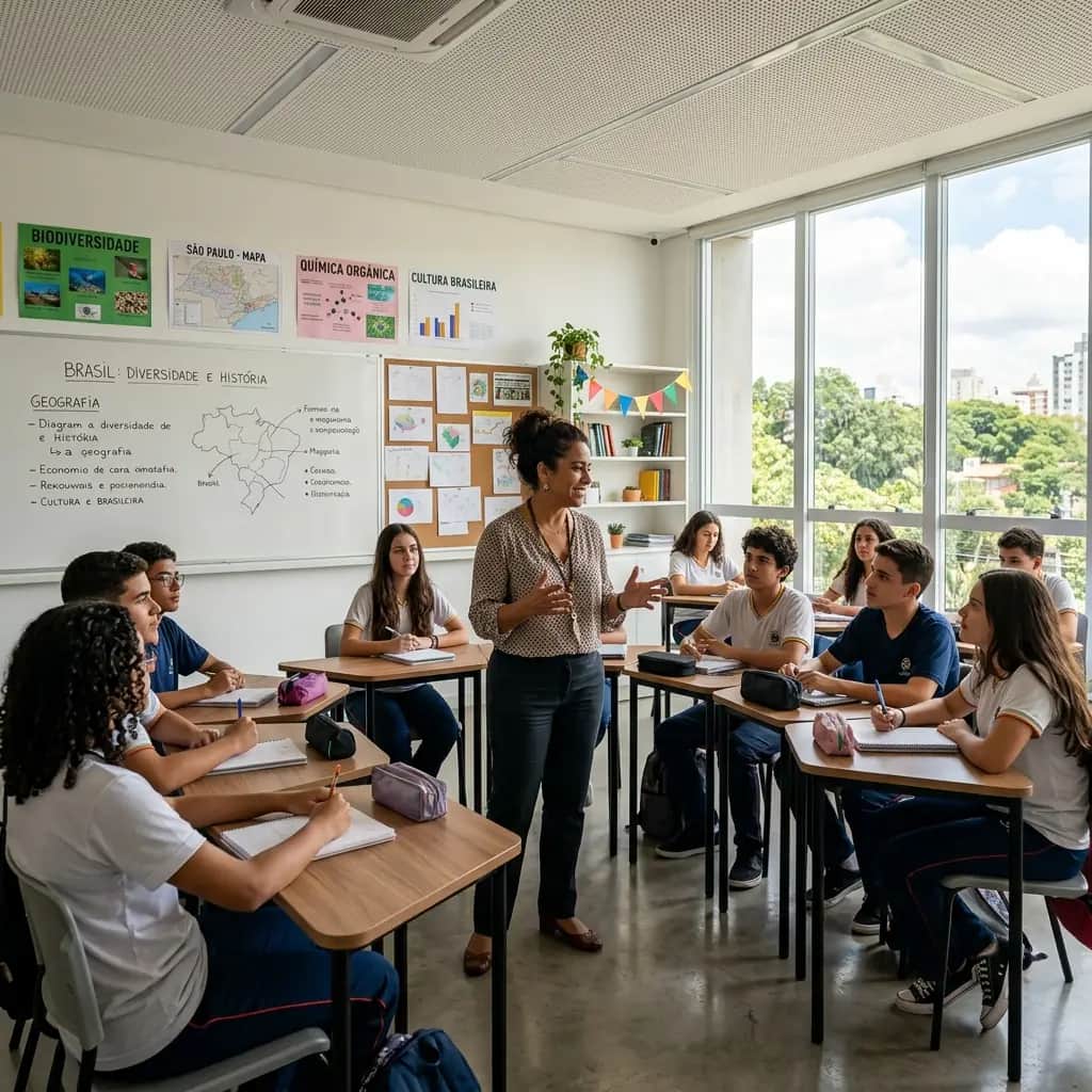 Ambiente educacional com salas de aula e circulação de alunos