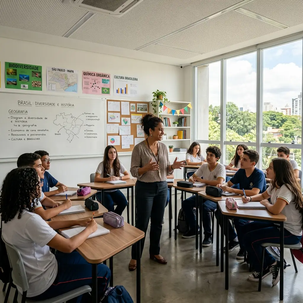 Segurança contra incêndio em escola moderna com alunos e professora em São Paulo